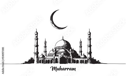 Mosque and Crescent Moon Silhouette Vector Illustration for Islamic Festival Design. Muharram background design.