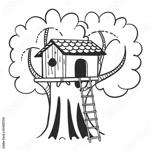Treehouse Vector Illustration Simple Hand Drawn Tree House Design