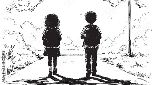 Children Walking Silhouette Vector Illustration for Friendship and Childhood Design