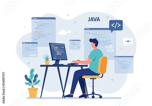 Vector illustration of a software engineer working alone