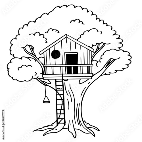 Treehouse Vector Line Art Illustration for Graphic Design