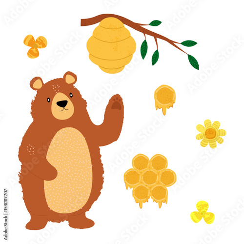 Vector set with bear, honey, honeycomb, beehive on tree branch, chamomile flowers, hand drawn with trendy textures