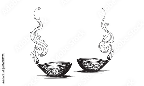 Traditional Diya Oil Lamps with Flame and Smoke silhouette Vector Illustration for Diwali and Festive Designs