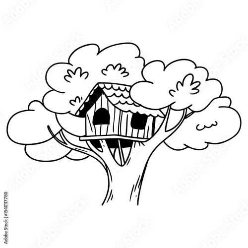 Black and White Line Art Treehouse Illustration Vector Graphic