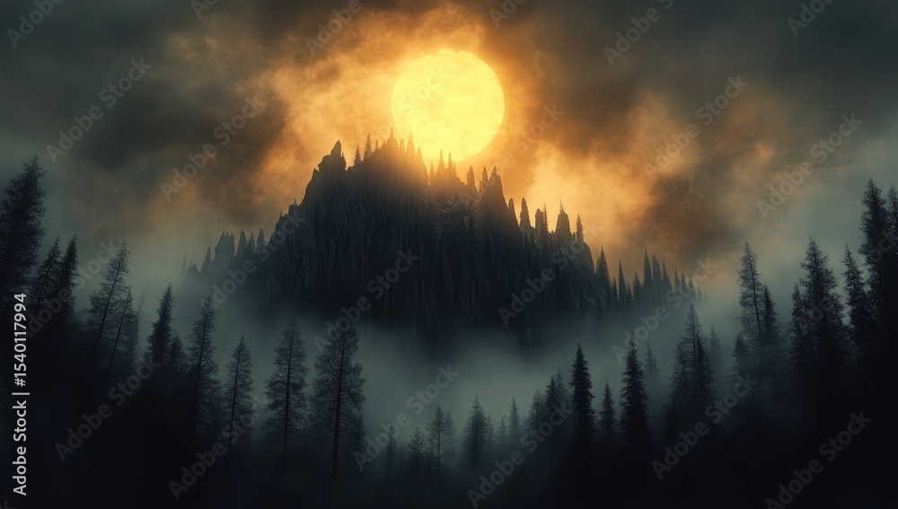Fototapeta premium A large, dark mountain range rises into a stormy, orange-lit sky, looming over a misty forest