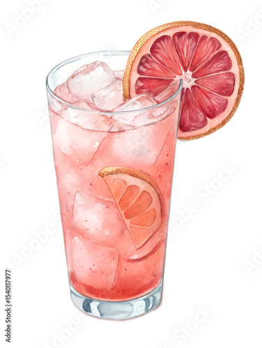 PNG Paloma cocktail with grapefruit slices, ice cubes, and sparkling soda in a tall glass. Watercolor illustration on white background. Summer citrus drink and tropical cocktail concept for beach