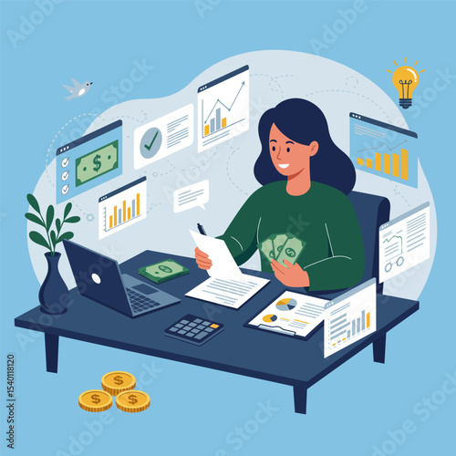 Vector illustration of a female accountant at work, calculating her business profits