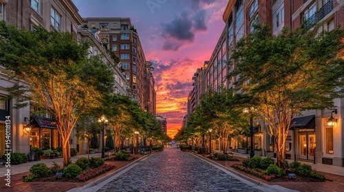 Street lined with trees and brick buildings under a colorful sunset sky