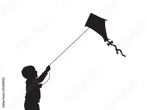 Boy Flying Kite Silhouette Vector Illustration for Play and Festival Design