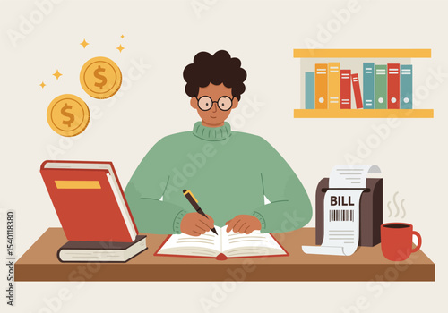 Vector illustration of an accountant doing his work in a book