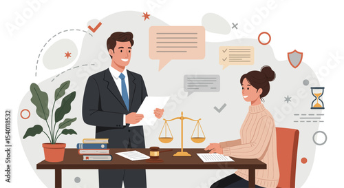 Vector illustration of a woman having a discussion with a male lawyer