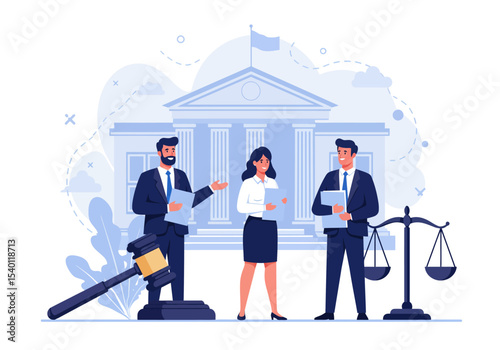 Vector illustration of a male and female reader standing in front of a court office