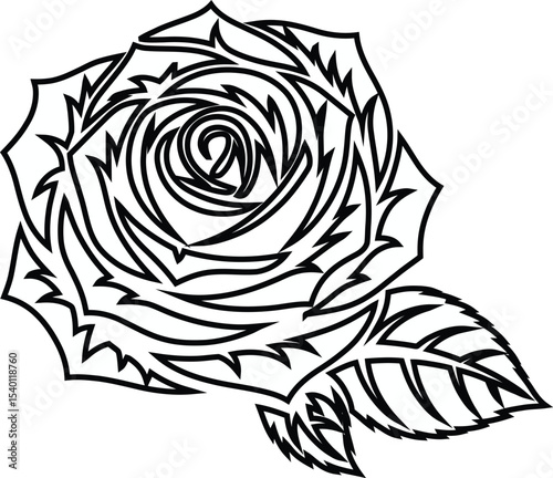 White rose with thorns and a leaf on a black background illustration