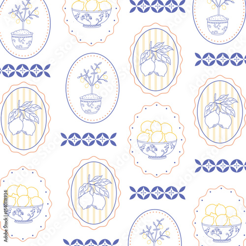 Seamless Mediterranean pattern with hand-drawn lemon, lemon plant and lemon pot in frames. Vintage Amalfi coastal design for kitchen textiles, packaging, and beach decor.