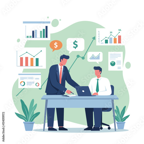 Business people cartoon characters work on laptops in a modern office concept vector illustration