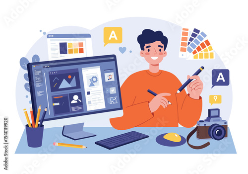 A man working as a graphic designer, vector illustrations