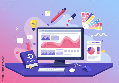 Flat design vector illustration of a modern software creative tools for graphic designer