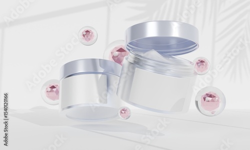 white minimal cosmetic cream jar mockup with leaf shadow on white background