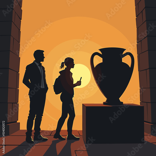 Couple admiring ancient vase silhouette against sunset backdrop  