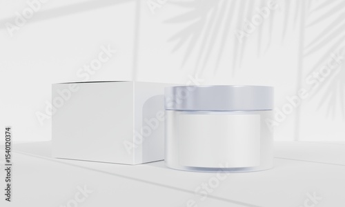 white minimal cosmetic cream jar mockup with leaf shadow on white background