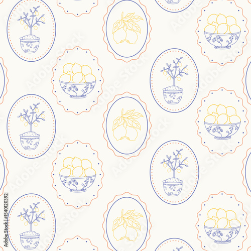 Seamless Mediterranean pattern with hand-drawn lemon, lemon plant and lemon pot in frames. Vintage Amalfi coastal design for kitchen textiles, packaging, and beach decor.