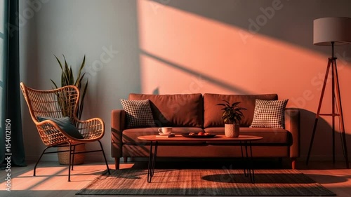 Interior Living Room Scene with Brown Sofa Wicker Chair and Houseplant under Sunlight
