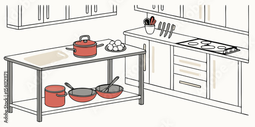 Kitchen table, kitchen utensils, plates, bowls, shakers and wooden cutting board white background vector illustration.