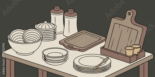 Kitchen table, kitchen utensils, plates, bowls, shakers and wooden cutting board dark background vector illustration.