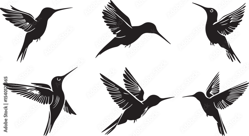 Obraz premium Collection of Six Hummingbird Silhouettes in Various Poses Isolated on White Background Perfect for Graphic Design Logos Tattoos or Decorative Elements Featuring Birds and Nature