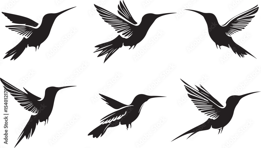 Obraz premium Elegant Hummingbird Silhouettes in Flight A Collection of Six Black and White Vector Illustrations for Design Decoration and Creative Projects Featuring Graceful Flying Birds