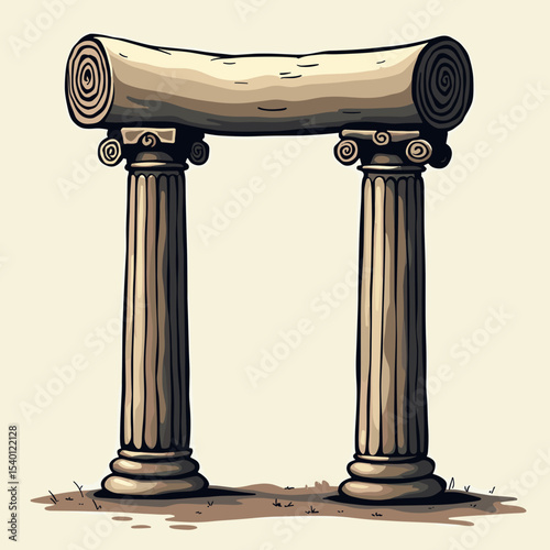 Ancient wooden columns with a curved arch in classic design  