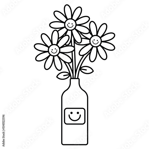 cute smiling flowers in a vase. kawaii coloring page. fun and relaxing. Black and White Line Art. Simple Coloring Sheet for Kids and Adults