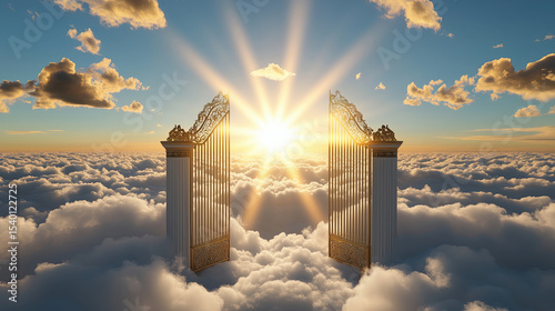 Heavenly gates open to radiant sun, surrounded by fluffy clouds, creating serene and uplifting atmosphere
