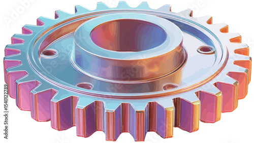 A close-up shot of a 3D-rendered gearwheel. The gear is depicted with an iridescent, metallic finish exhibiting a vibrant color gradient shifting from pink and purple to blue. 