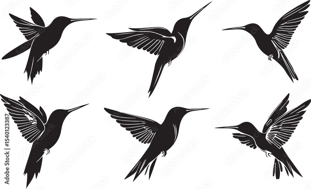 Fototapeta premium Elegant Hummingbird Silhouettes Collection Graceful Birds in Flight Vector Illustration for Design Elements Nature Lovers and Artistic Projects Black and White Minimalist Style