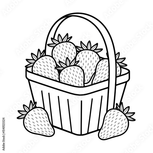 A black and white strawberry inside the basket illustration line art of a coloring page