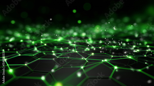 Futuristic green glowing network of interconnected points in a dynamic abstract design