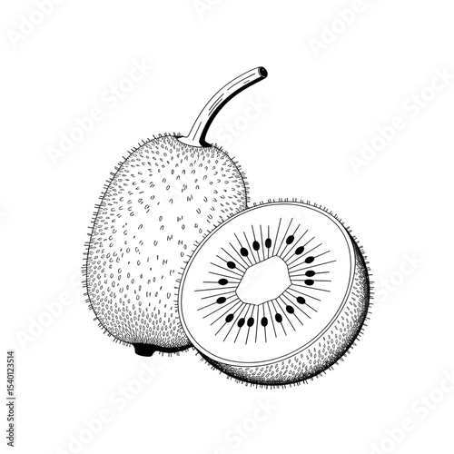 A black and white kiwifruit illustration line art of a coloring page