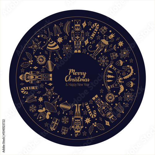 Сhristmas circle composition in Scandinavian style with traditional Christmas and New Year elements. Сute motifs from the ballet Nutcracker. Vector template. Retro design. Gift boxes