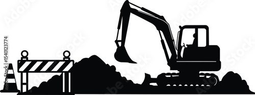 Silhouette Construction Zone with Excavator and Traffic Cone Design