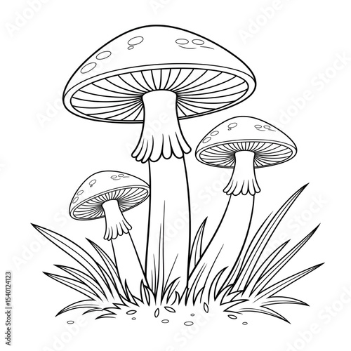 A black and white mushrooms illustration line art of a coloring page