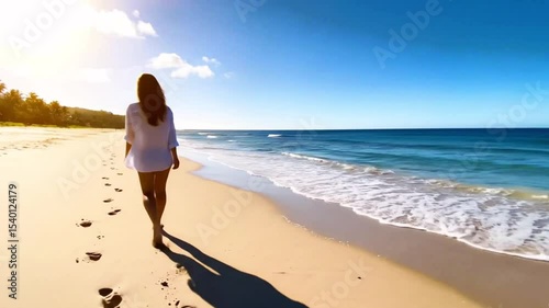 Woman Walking on Beach Peaceful Barefoot Stroll with Ocean Waves in 4K
