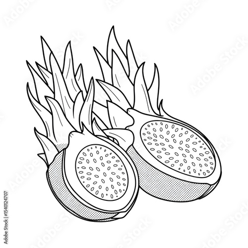 A black and white dragon fruit illustration line art of a coloring page