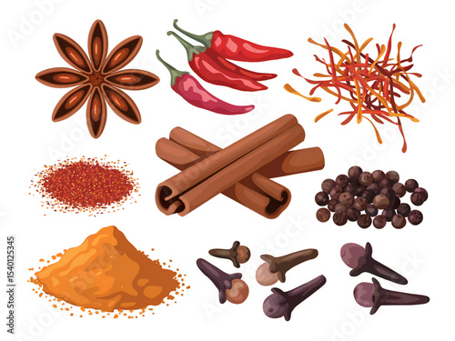 Spices And Herbs, Assorted Spices Vector Set.