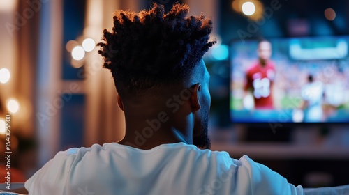 Watching sports on a big screen while relaxing in a cozy living room in the evening photo