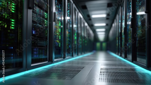 A long, symmetrical corridor in a data center, lined with server racks and glowing floor lights.
