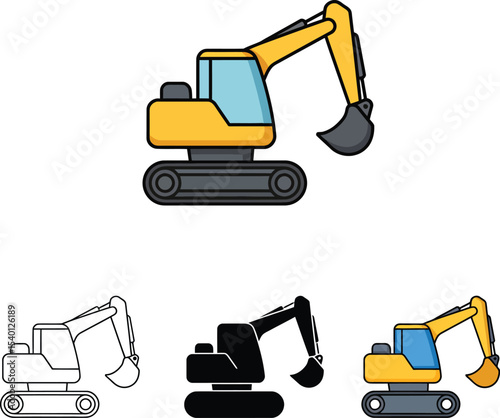 Stylized Excavator Icons in Flat Solid and Outline Design