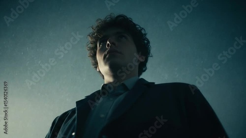 Young Man Looking Upward Under Cloudy Sky In Dark Environment