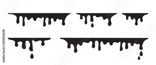 Melt drip, paint splash drop. Milk, cream and chocolate flow down. Liquid border, black silhouette stain icon, frame falling fluid isolated on white bg. Simple vector illustration