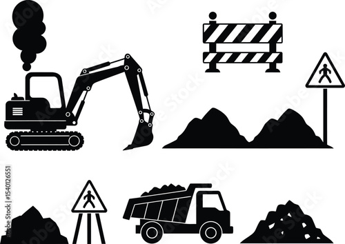 Silhouette of Urban Excavator and Dump Truck Construction Scene